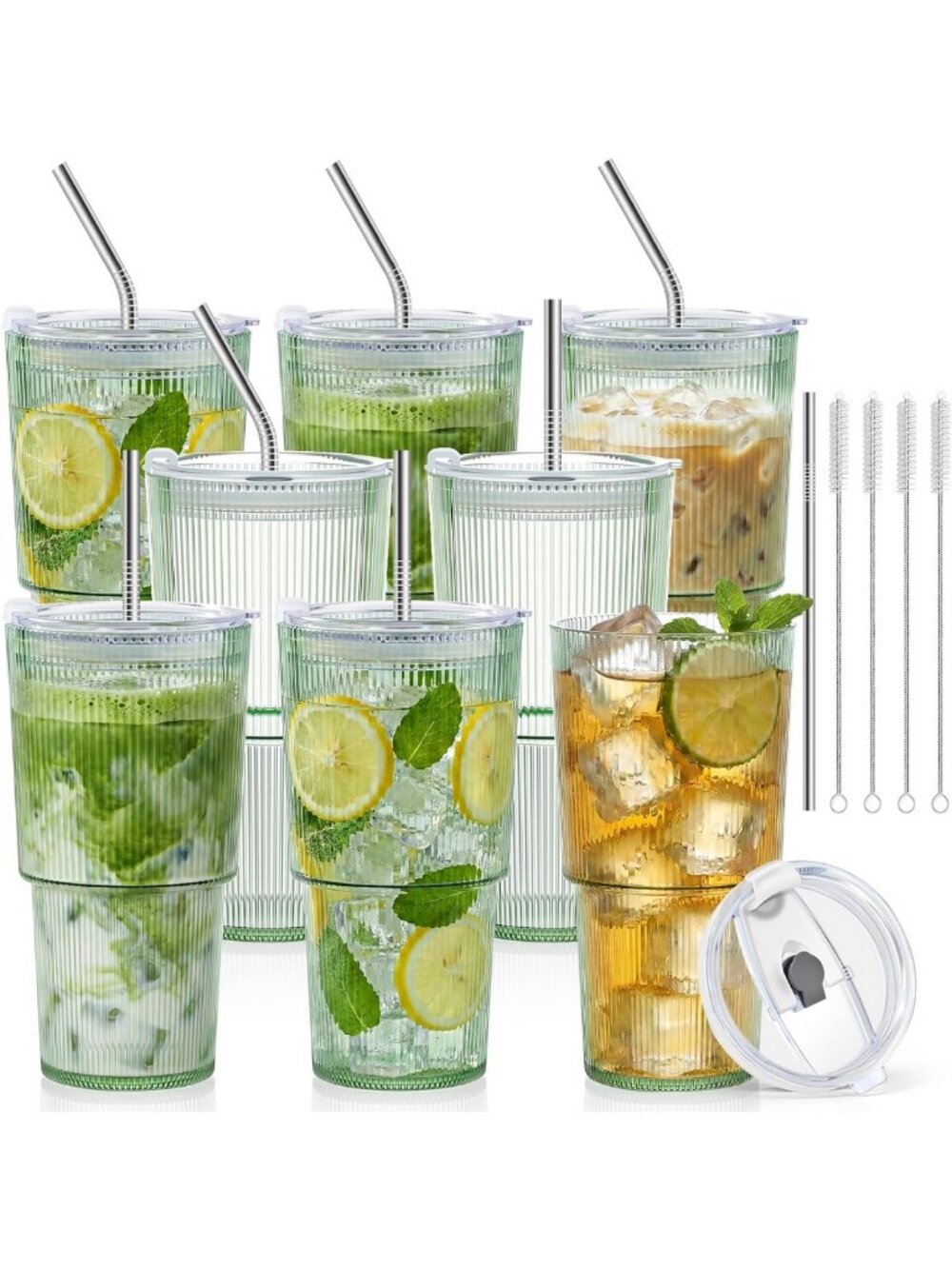 8 Pcs 20oz Reusable Plastic Tumblers with Lids & Straws - Vintage Ribbed Iced